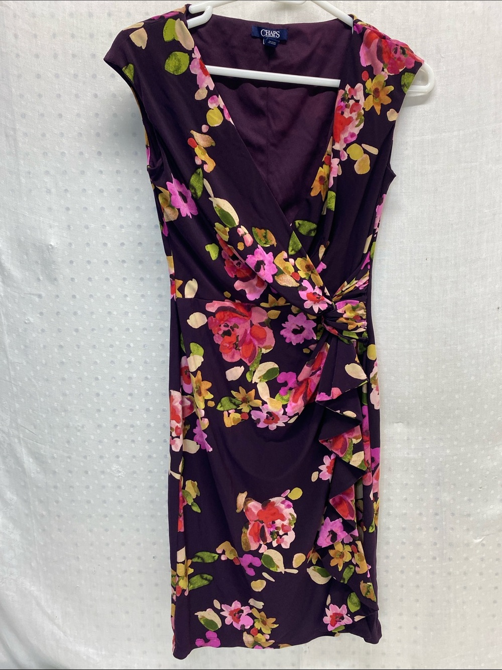 Chaps Purple Floral Wrap-Style Midi Dress Size Small